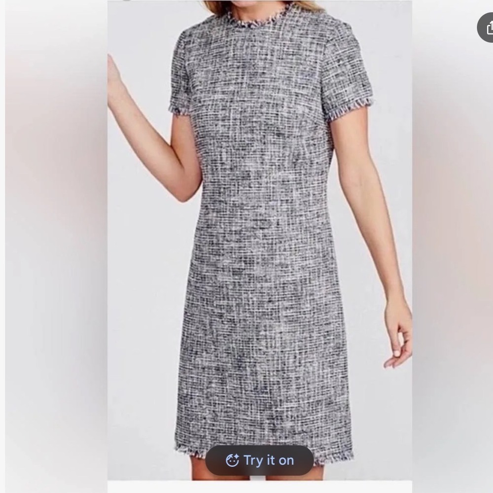 J MCLAUGHLIN CLARENCE BLUE TWEED DRESS WITH FRINGE HEM